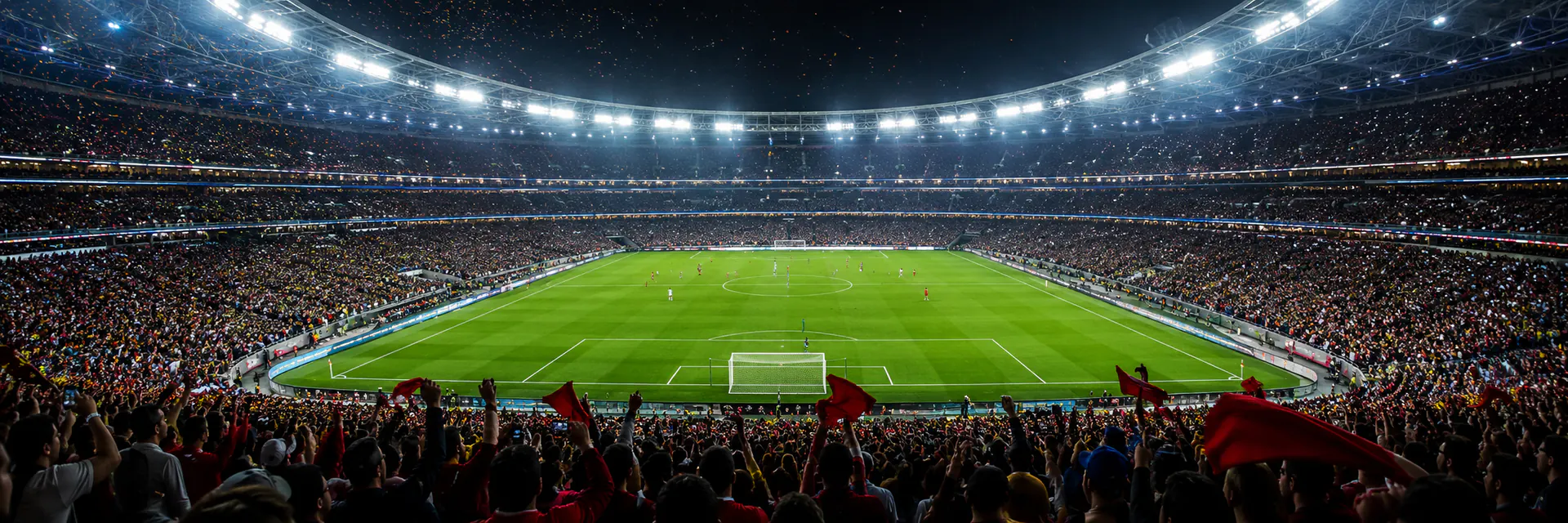 Stadium fans cheering at full intensity during a World Cup match